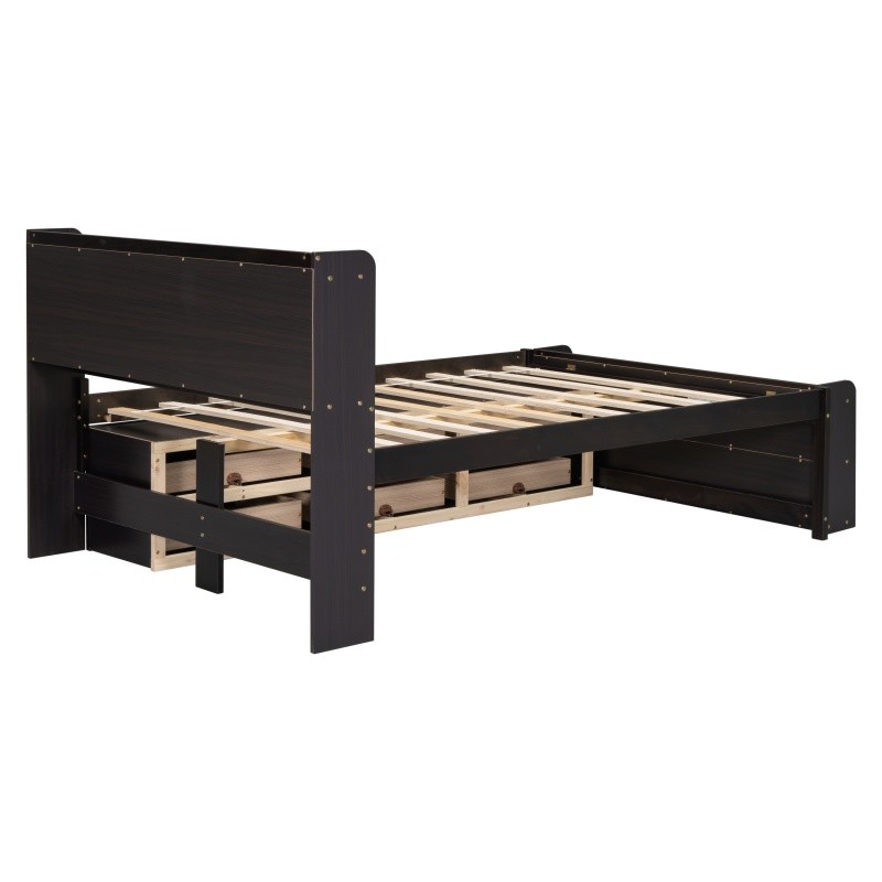 Full Size Wood Storage Bed w/Bookcase,6 Drawers & Bed End Storage Case Espresso