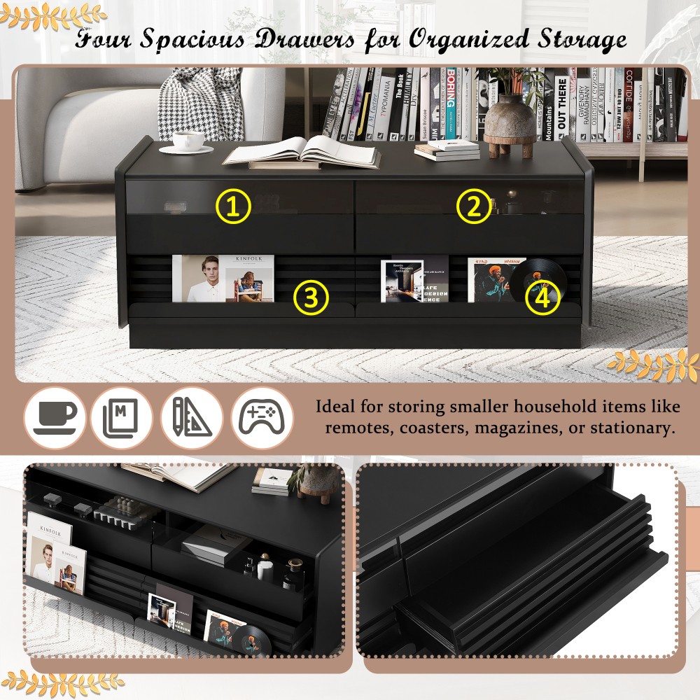 Rectangular coffee table W four drawers and handles, featuring four table legs.