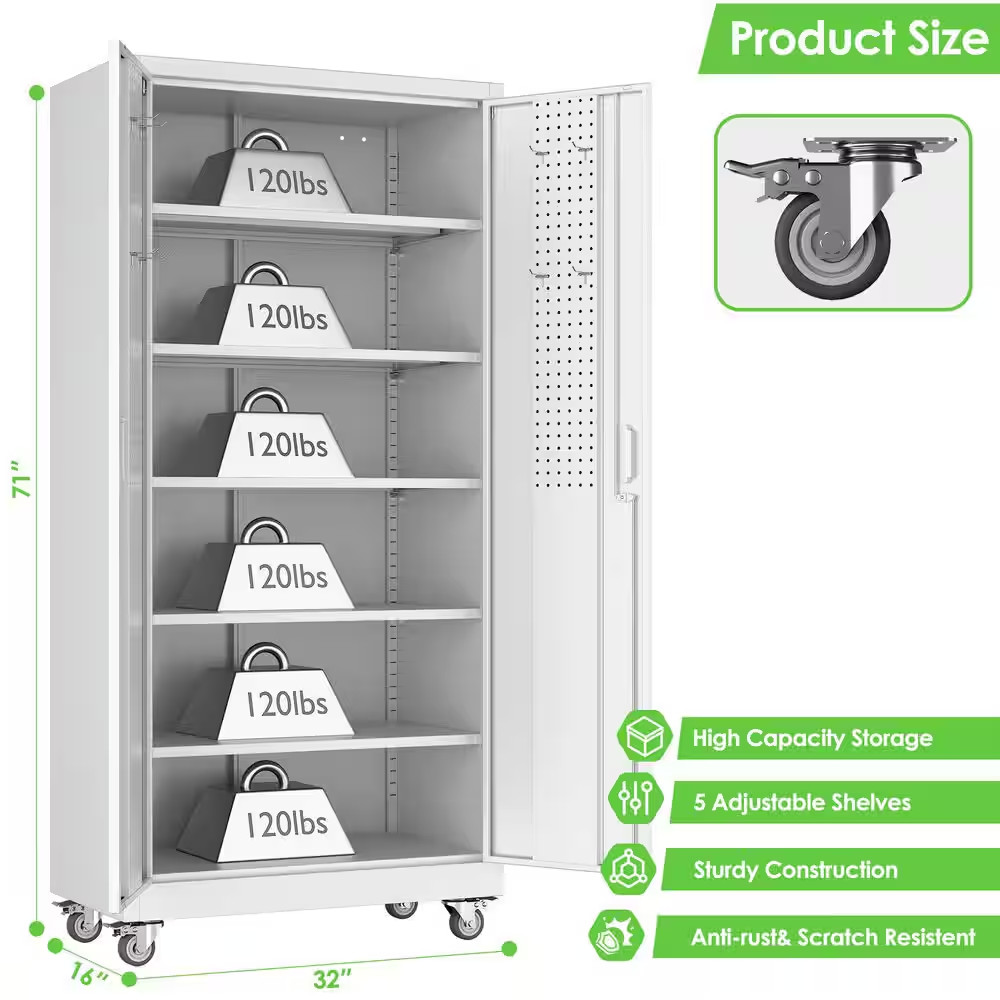32 In. W X 71 In. H X 16 In. D Steel Rolling Freestanding Cabinet with 5-Adjusta
