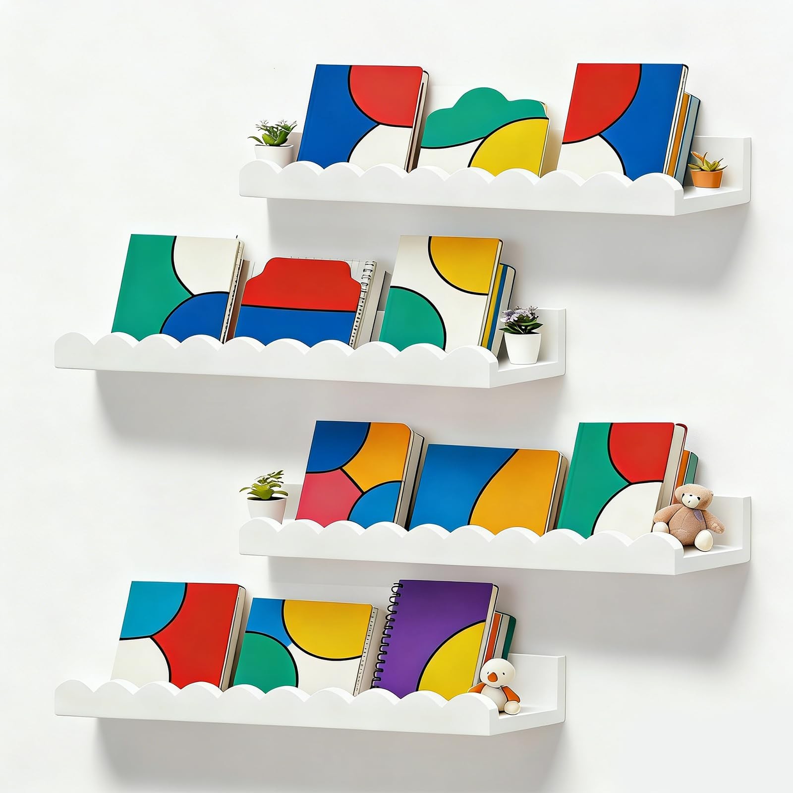 Nursery Book Shelves, Set of 4 Floating Book Shelves, Scalloped Wall Bookshel…