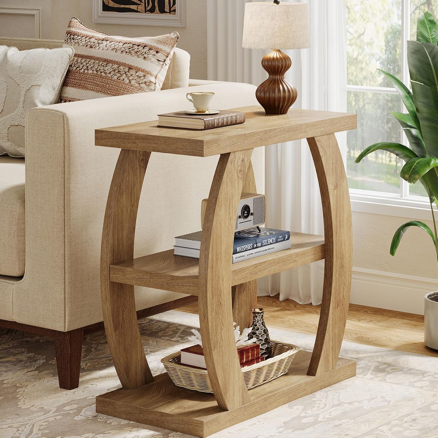 3-Tier Farmhouse End Table Wooden Narrow Side Table with Storage for Living Room