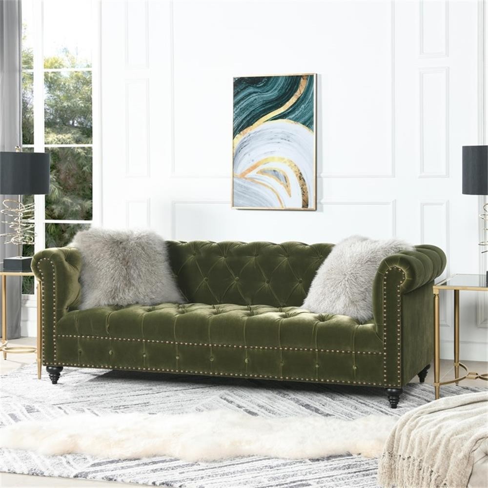 Pemberly Row 88″ Tufted Chesterfield Sofa in Olive Green Velvet