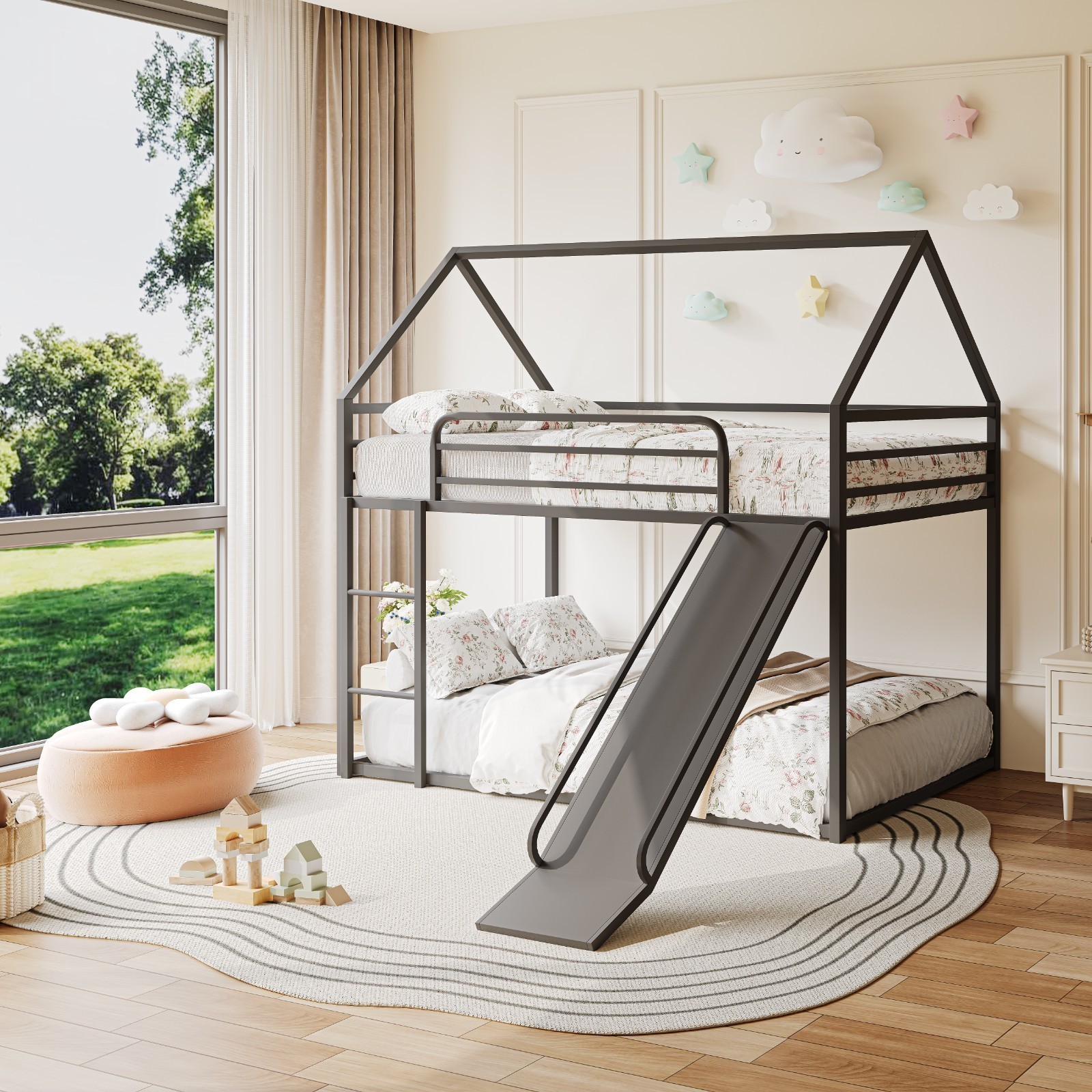 Twin Over Twin Metal Bunk Bed With Slide & Ladder, House Frame Kids Bed, Black