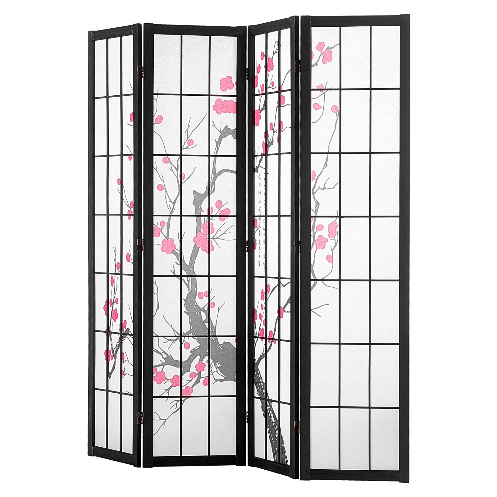 4-Panel Japanese Room Divider Screen, Wooden Folding Privacy Screen for Indoor U