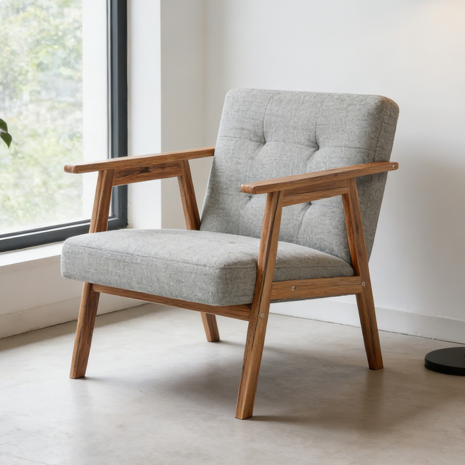 Light Grey Modern Accent Chair with Walnut Finish – Thick Cushion