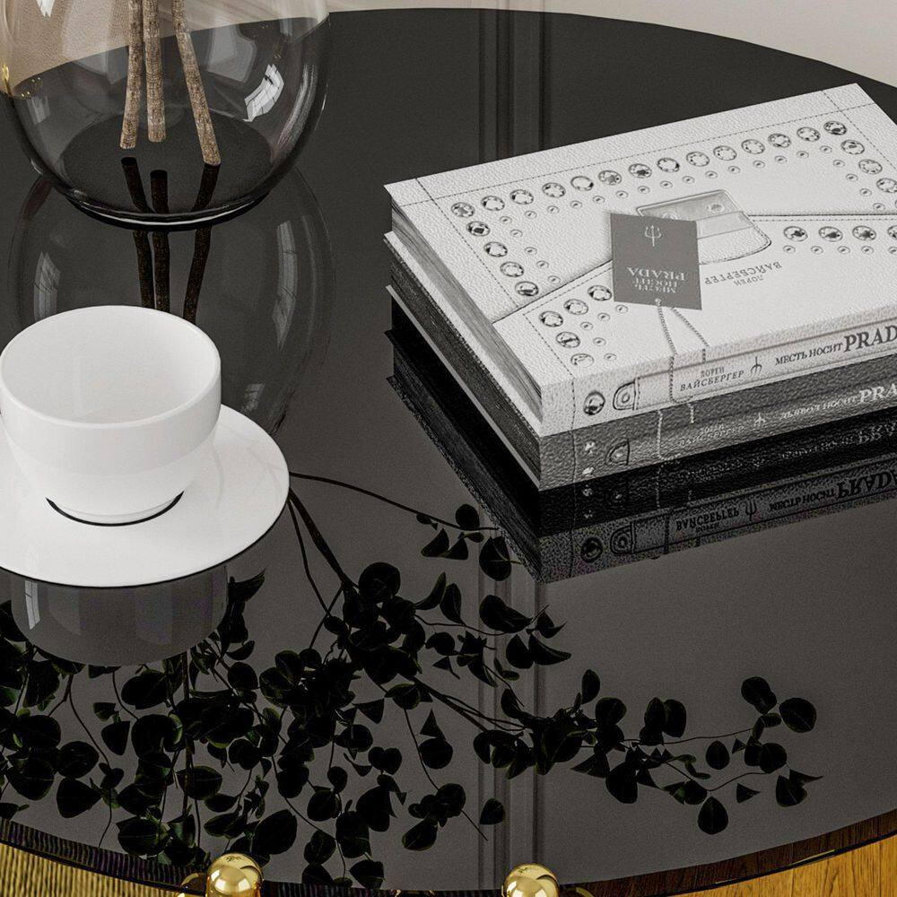 20 In. Black round Glass Coffee Table with Tempered Glass&Gold Legs, 2-Tier Stai