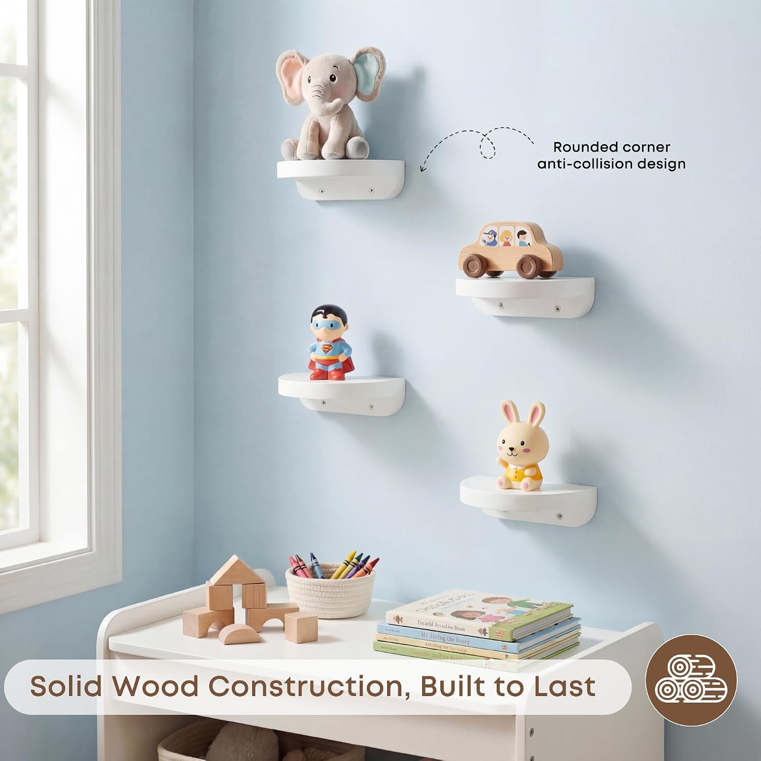 Small Round Floating Shelves 6″ Solid Wood Wall Ledges for Home Decor