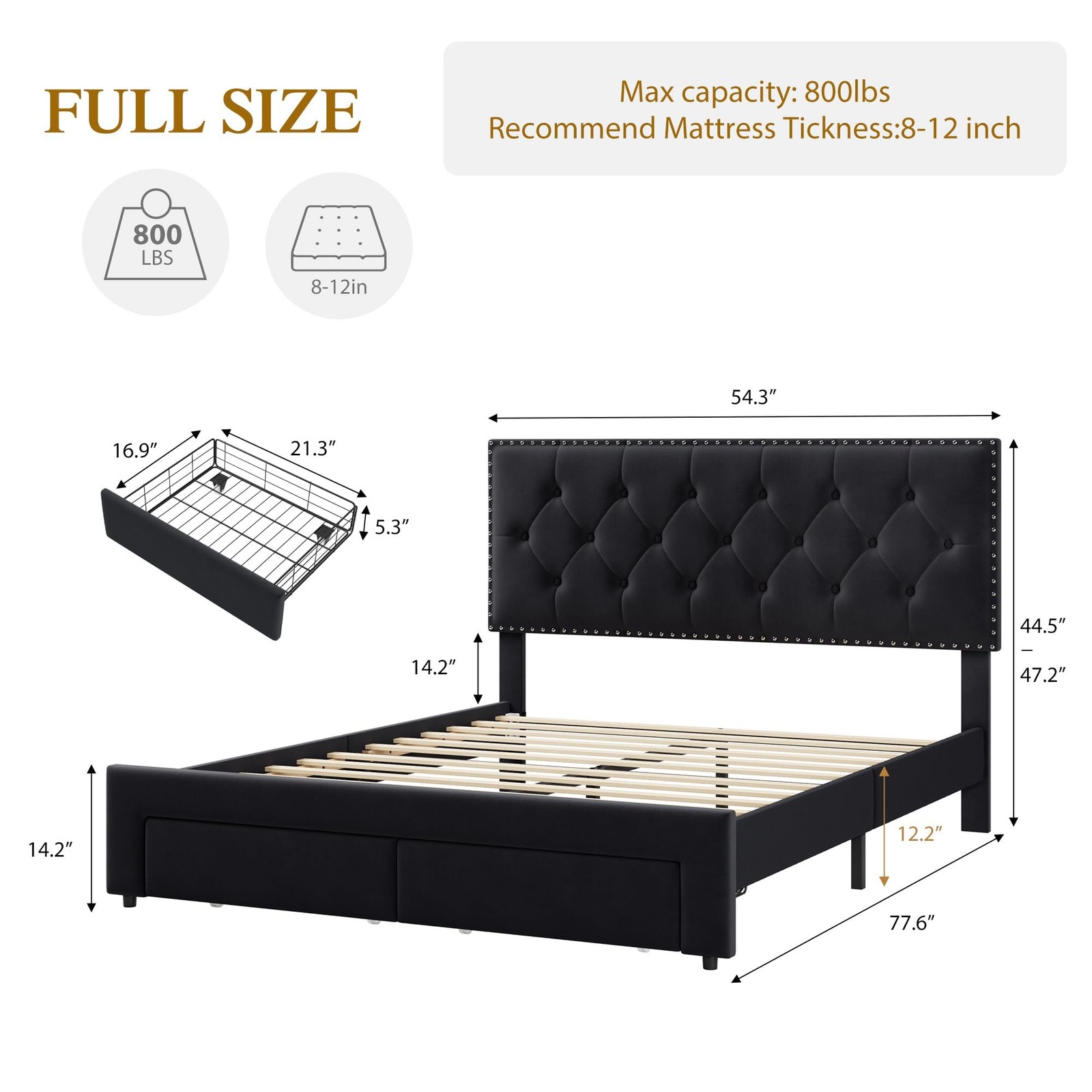 Full Queen King Bed Frame with 2 Storage Drawers Upholstered Headboard Bed Frame