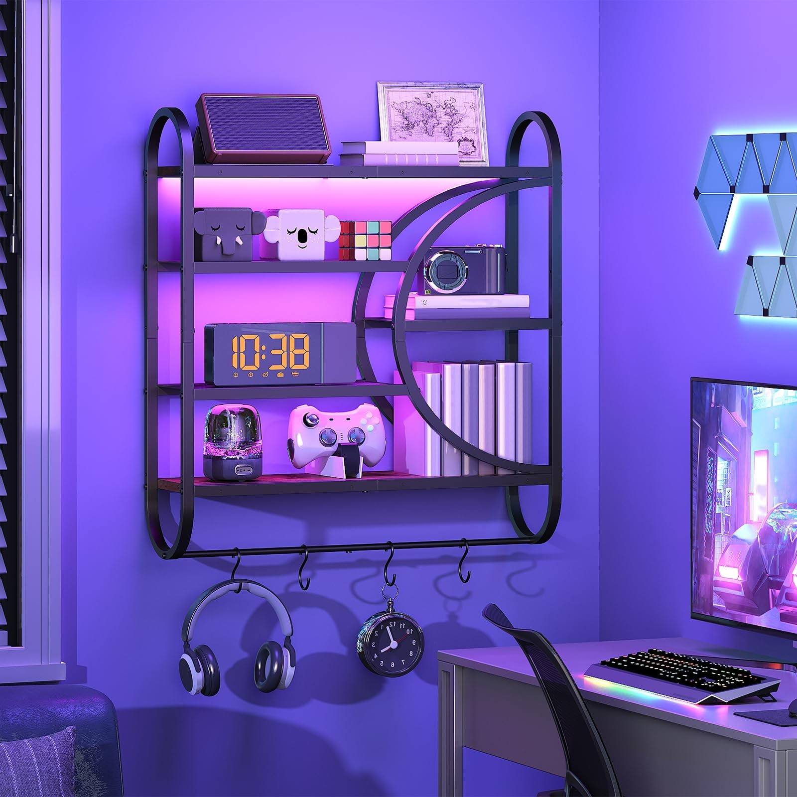 Gaming Floating Shelf with Lights, 28.9″ Wall Mounted Shelf, 5-Tier Display R…