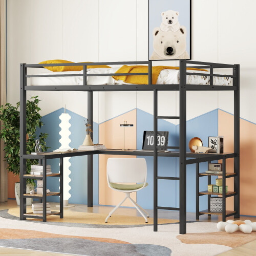 Heavy Duty Metal Loft Bed with Desk & Storage Shelves Twin/Twin XL/Full/Full XL