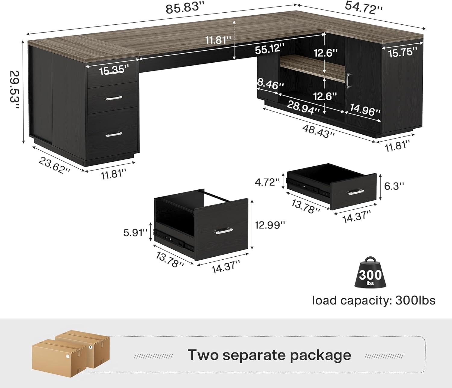 85.8-Inch L-Shaped Executive Desk, Large Modern Office Desk with File Drawers