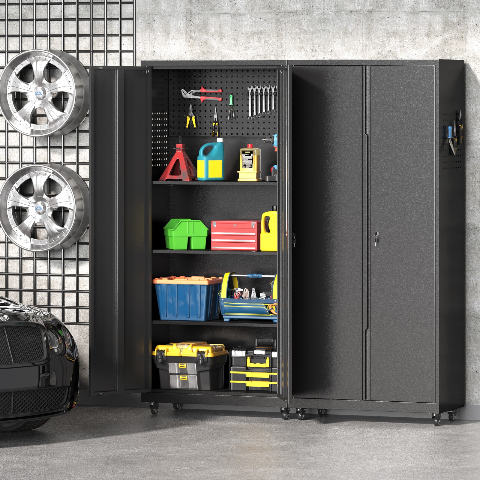 71”H Metal Garage Storage Cabinet w/3 Shelves, Lock Rolling Tool Cabinet Office