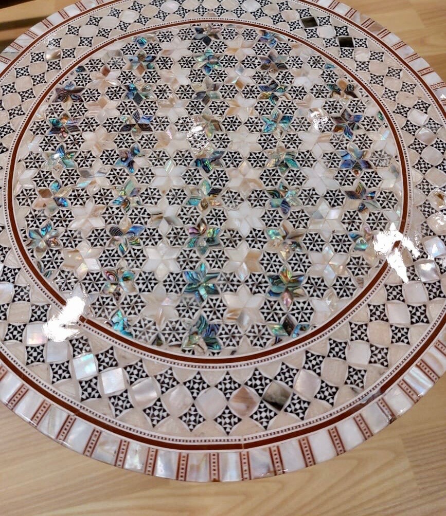 Egyptian Inlaid Mother of Pearl Paua Shell Wooden Table Round 12″ (Piece of Art)