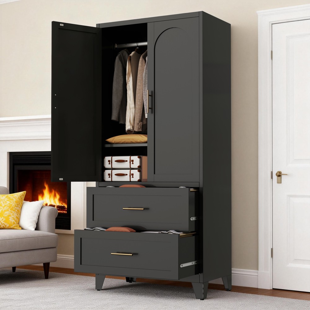 71″ Metal Armoire Wardrobe Cabinet with Hanging Rod, Wardrobe Closet with 2 Door