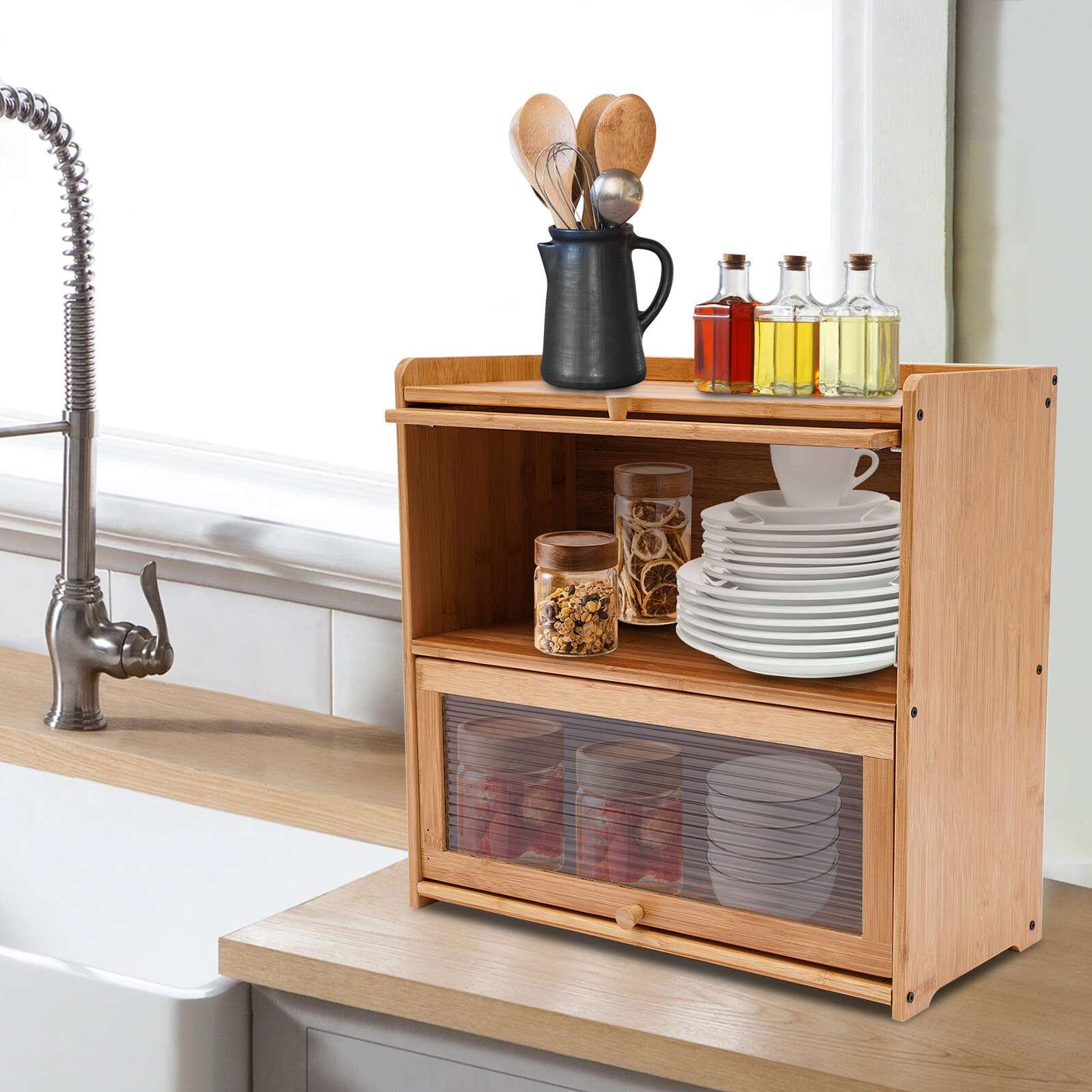 2 Tiers Bamboo& Acrylic Primary Color 20.5*9.8*19.7in Countertop Storage Cabinet