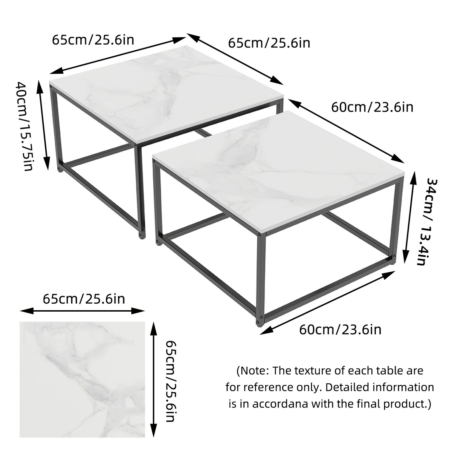 Modern Home Stackable Nesting Coffee Side Table Set of 2 Rect Sintered Stone Top