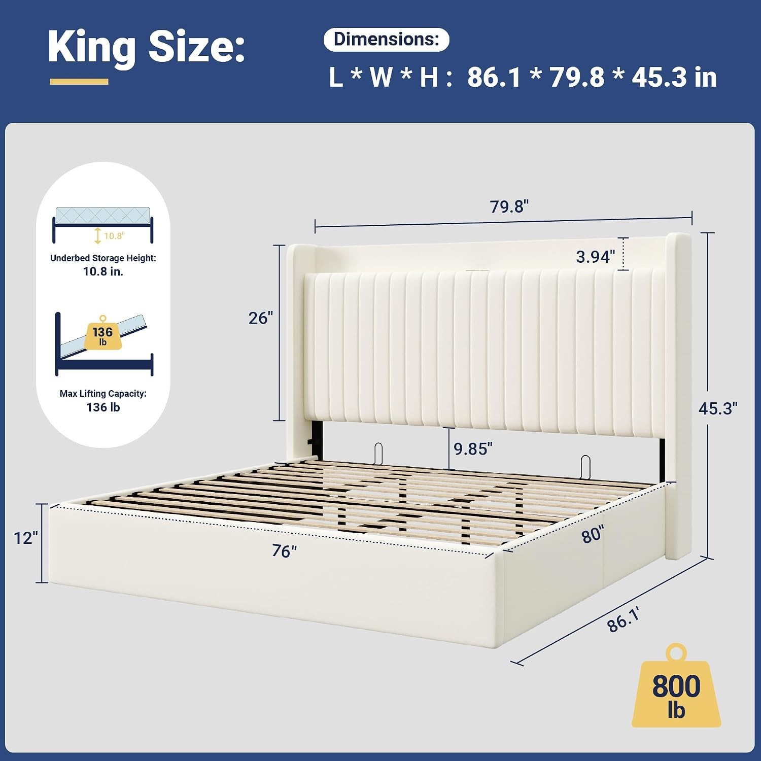 King Size Velvet Storage Bed Frame with USB Ports and Hydraulic Lift, Cream