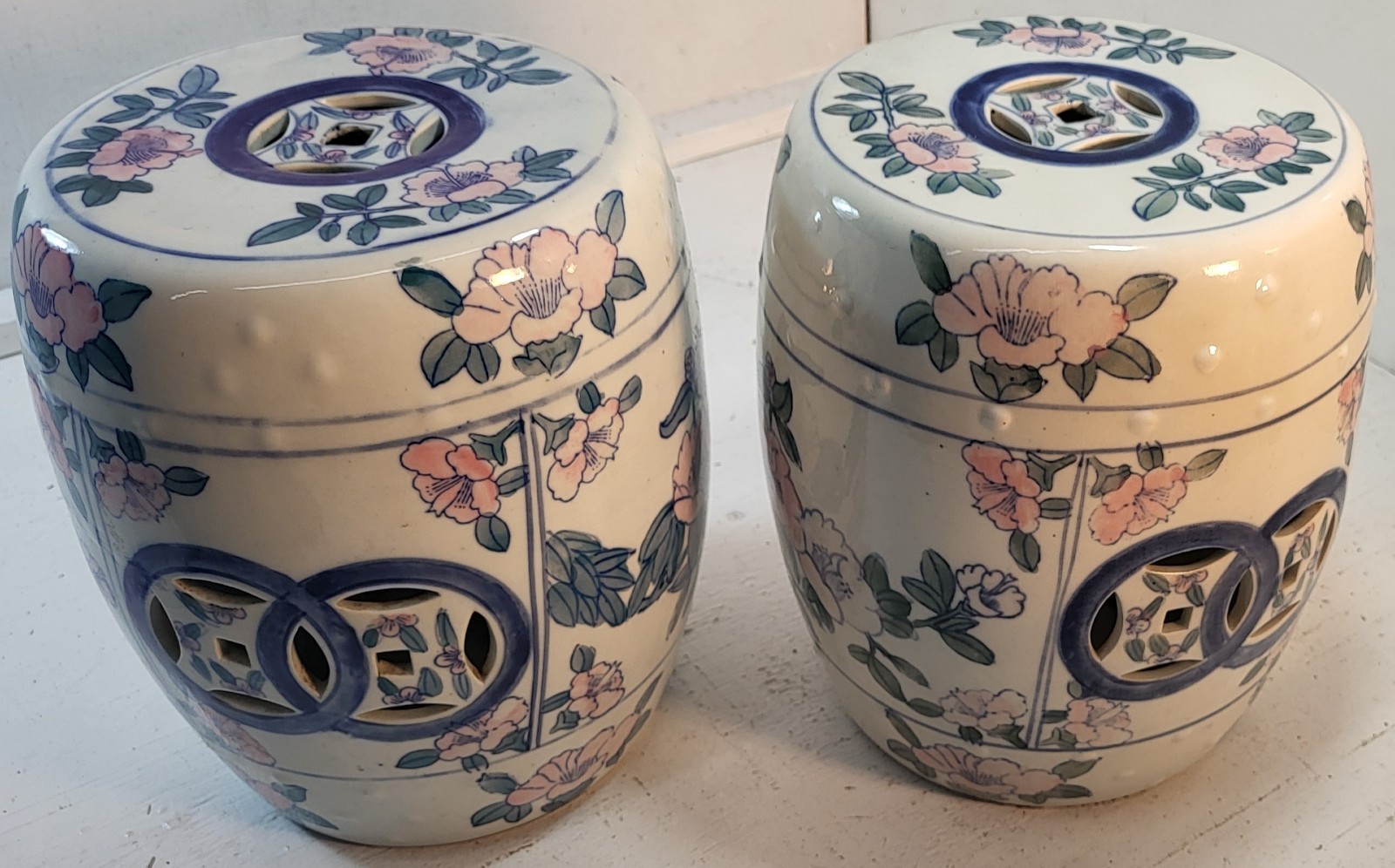 lot of 2 chinese porcelain hand painted floral low seat garden stools