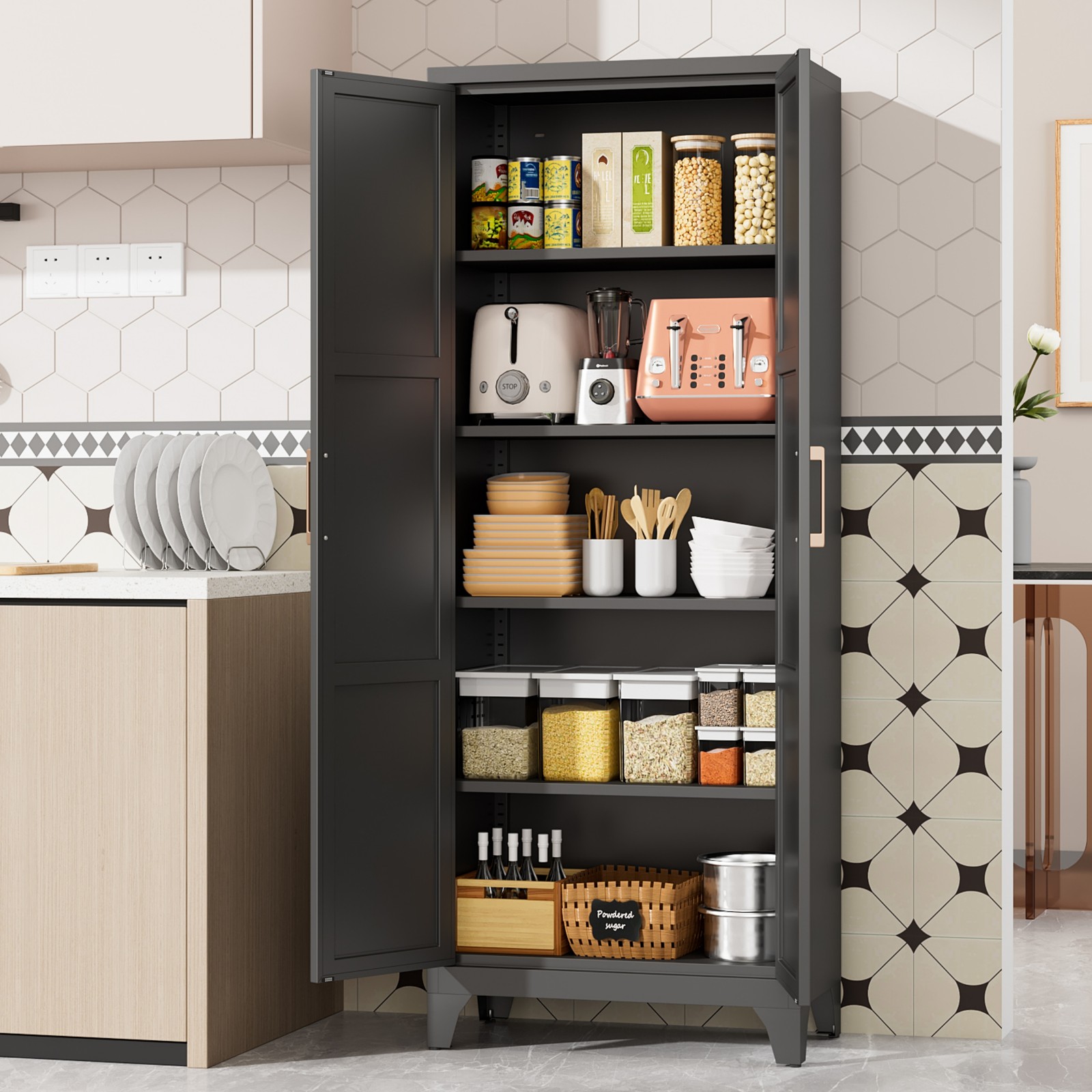 Metal Kitchen Pantry Storage Cabinet w/ 4 Adjustable Shelves Garage Tool Cabinet