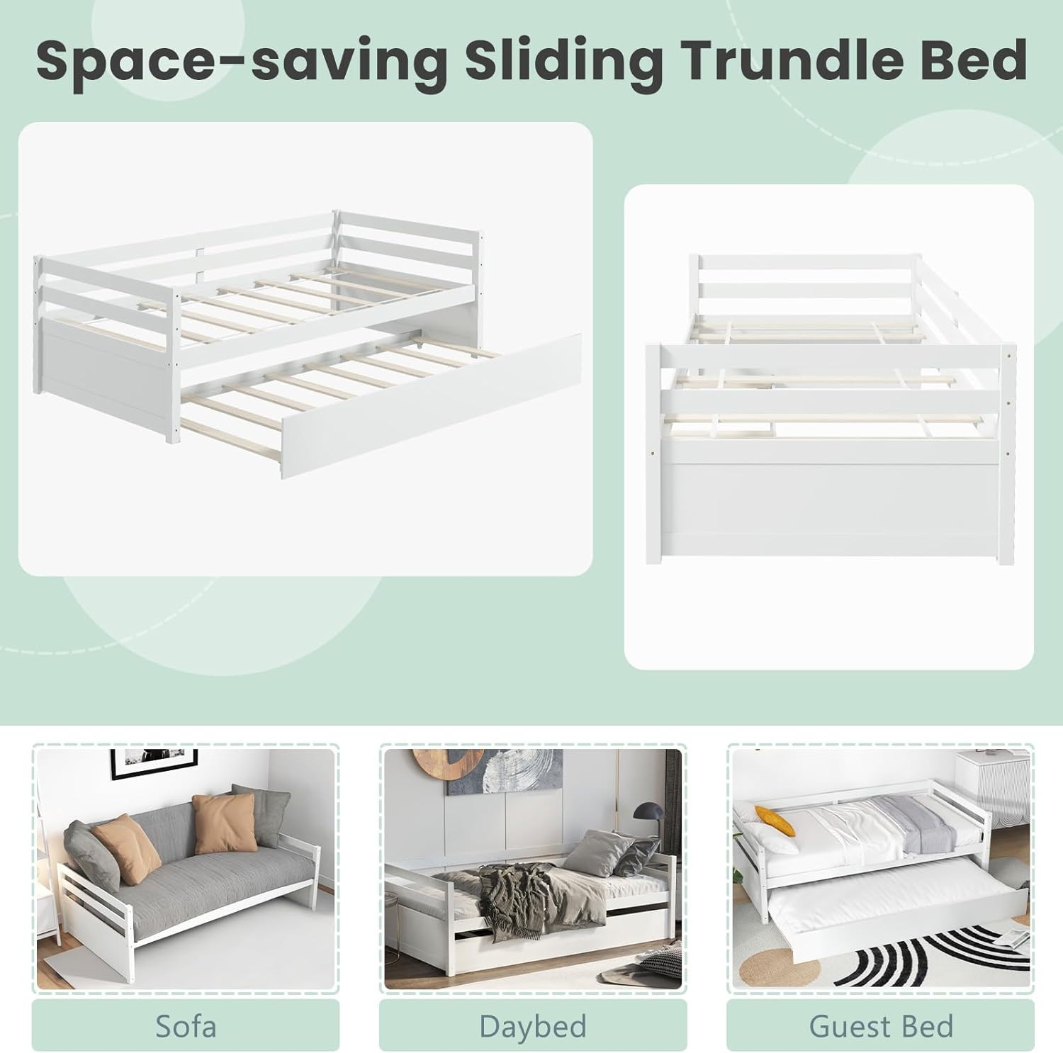 Twin Daybed with Trundle White, Wood Trundle Bed with Wood Slat Support, Mid Cen