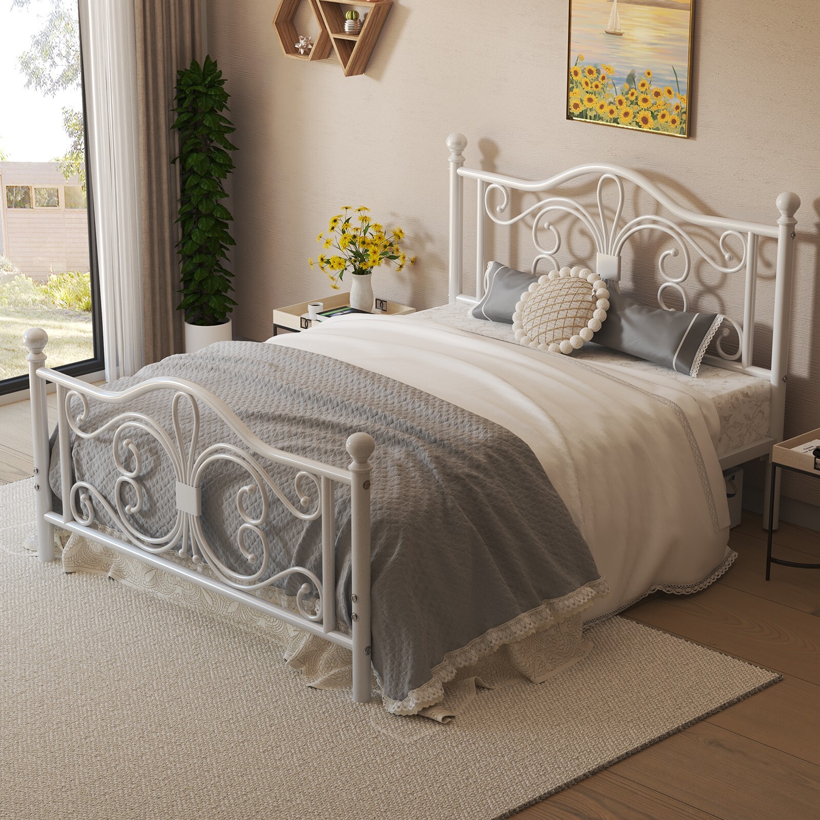 Queen/Twin/Full Metal Platform Bed Frame with White Headboard & Footboard