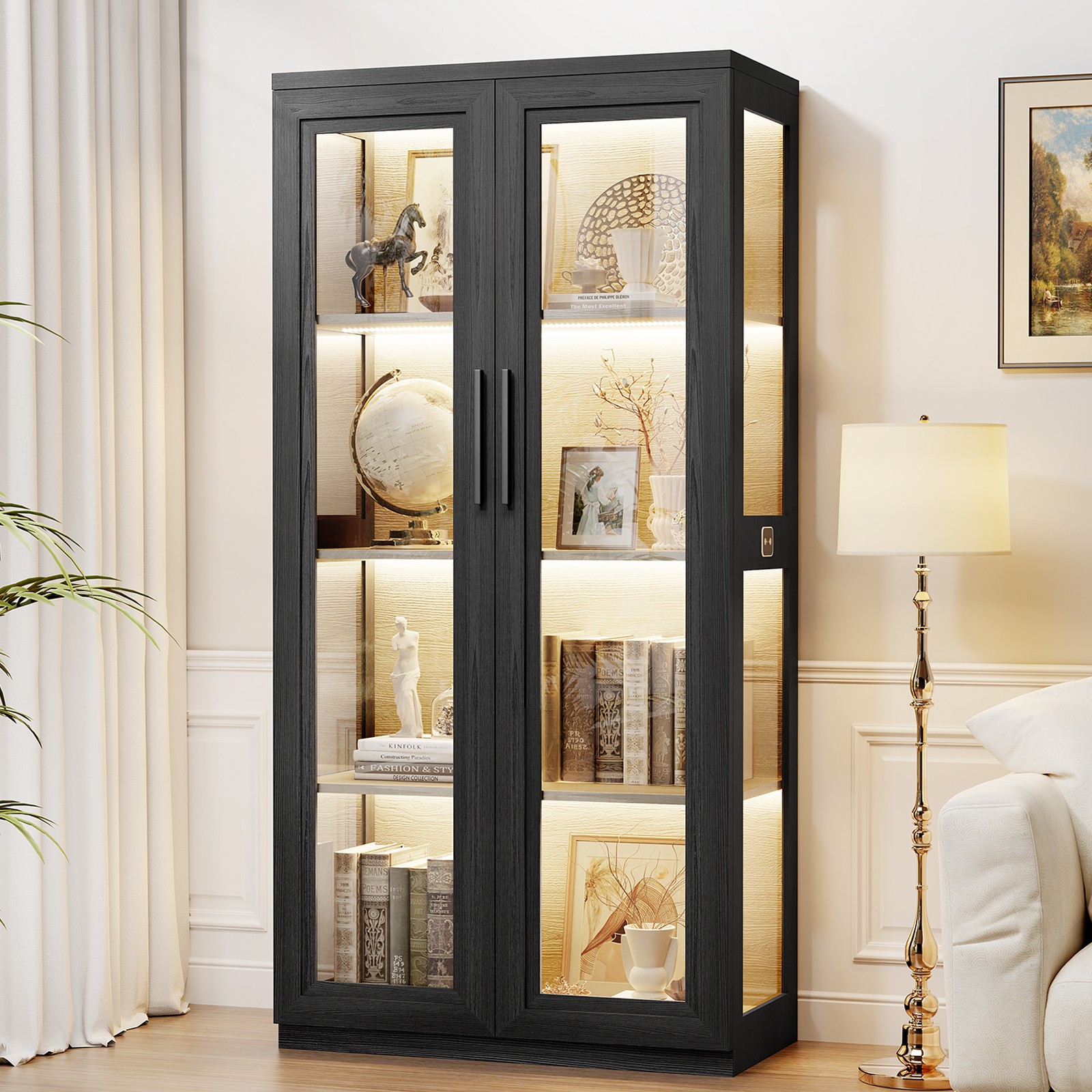 Farmhouse 2-Door Curio Case, Wood Finish Display Cabinet with 3-Color LED Light