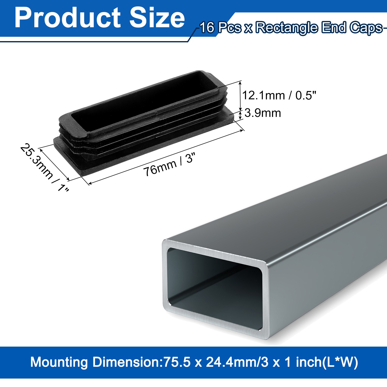 16Pcs Rectangle Tubing End Caps 3 x 1 Inch Plastic Plugs Black