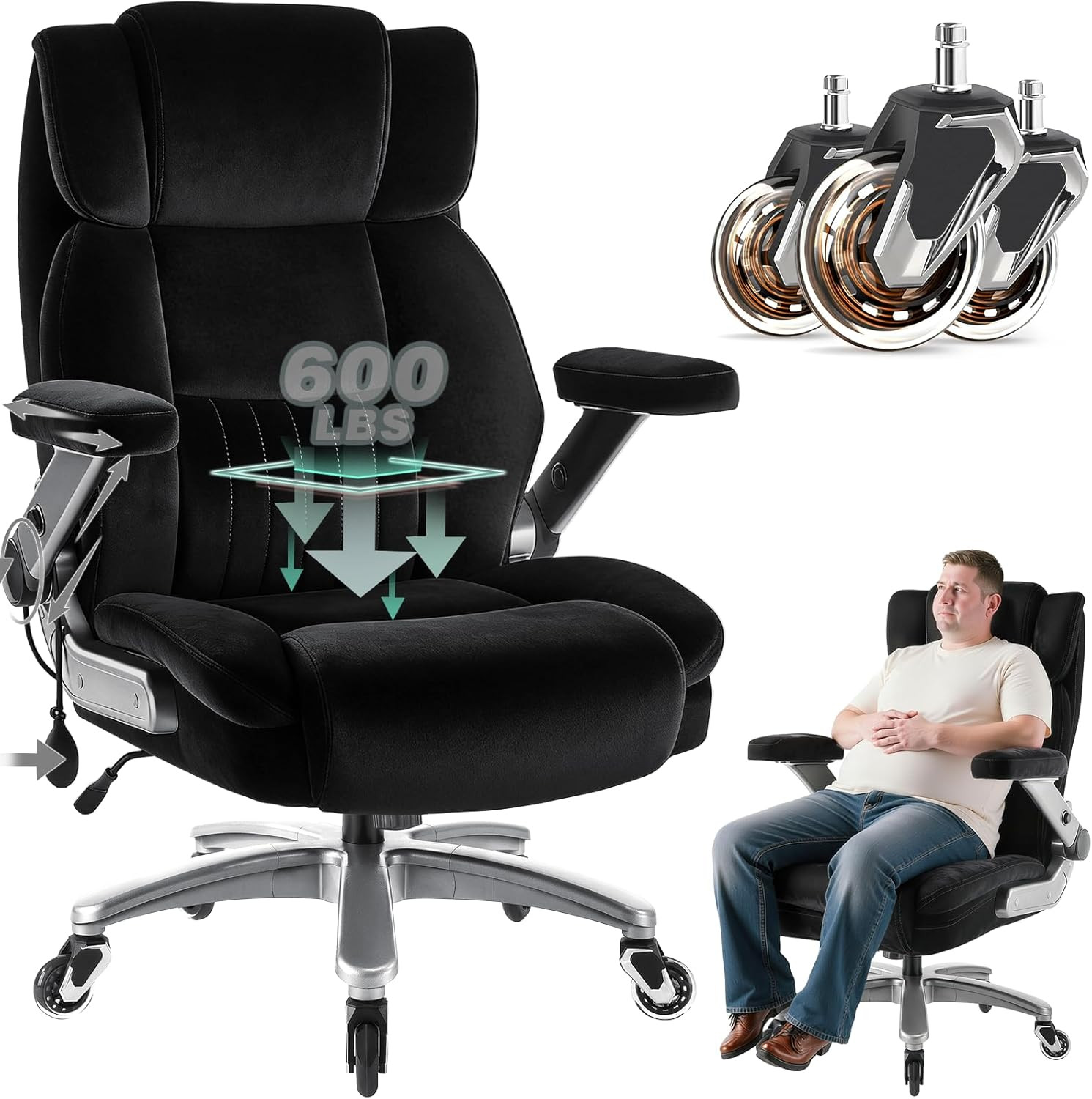 Fabric Big and Tall Office Chair 600LBS Capacity with 5D Flip Arms,Heavy Duty Cl