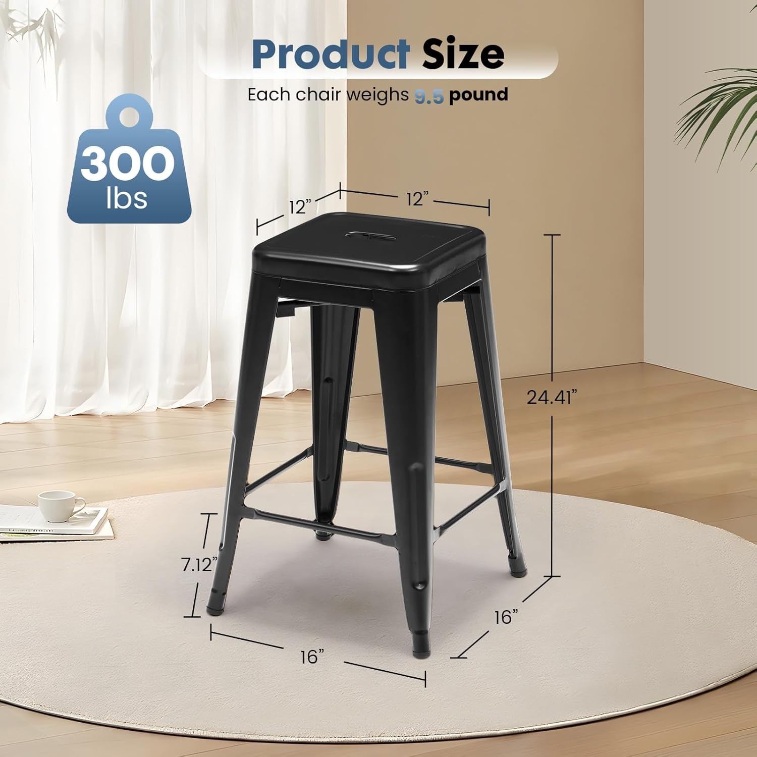 24 Inches Metal Bar Stool Set of 4 Backless Counter Height Bar Stool for Kitchen