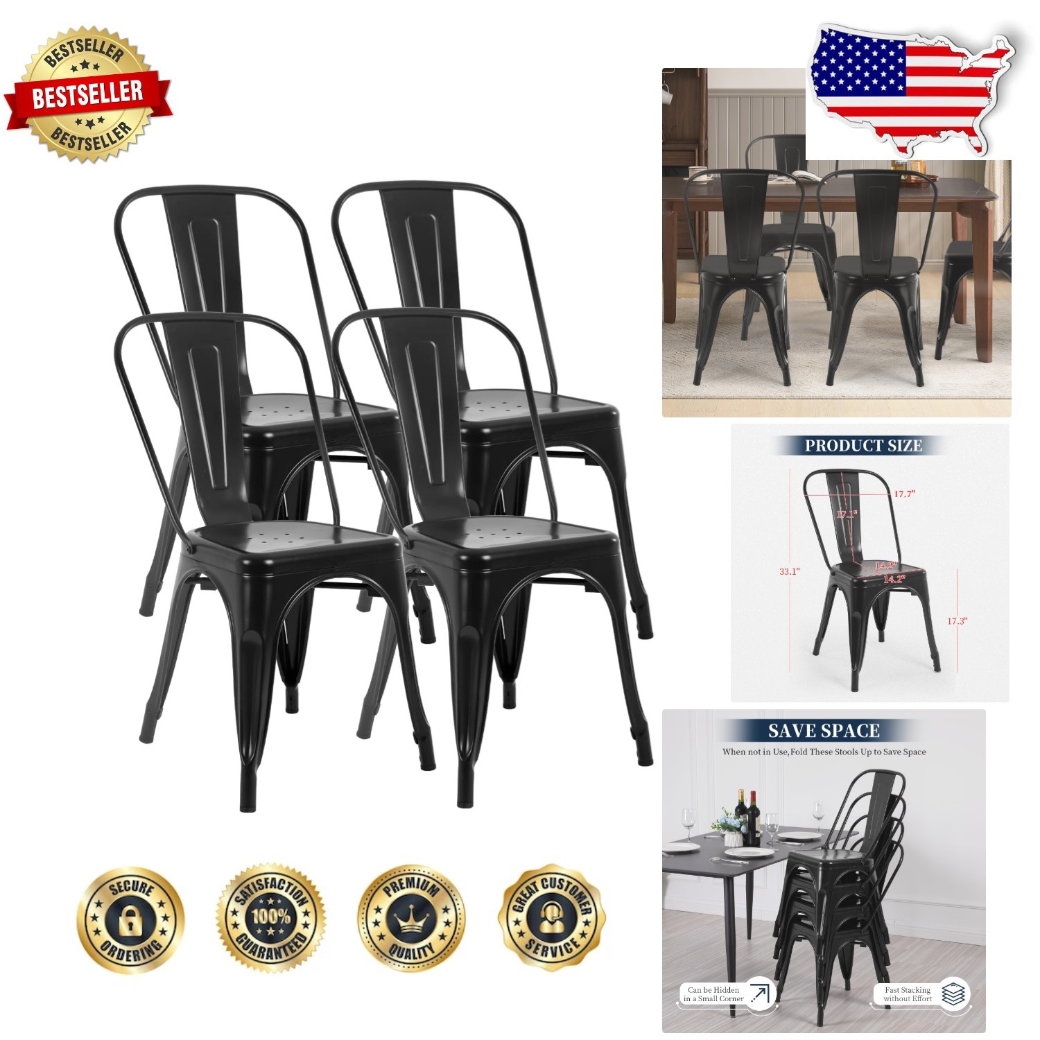 Durable Black Metal Dining Chairs Set of 4 | Indoor Outdoor | Rust Resistant