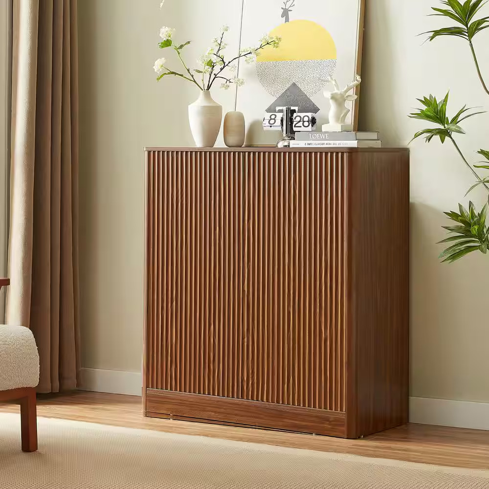 31.5 In. W X 34.3 In. H Walnut Color MDF Wavy Buffet, Curved Contour 2-Door Stor