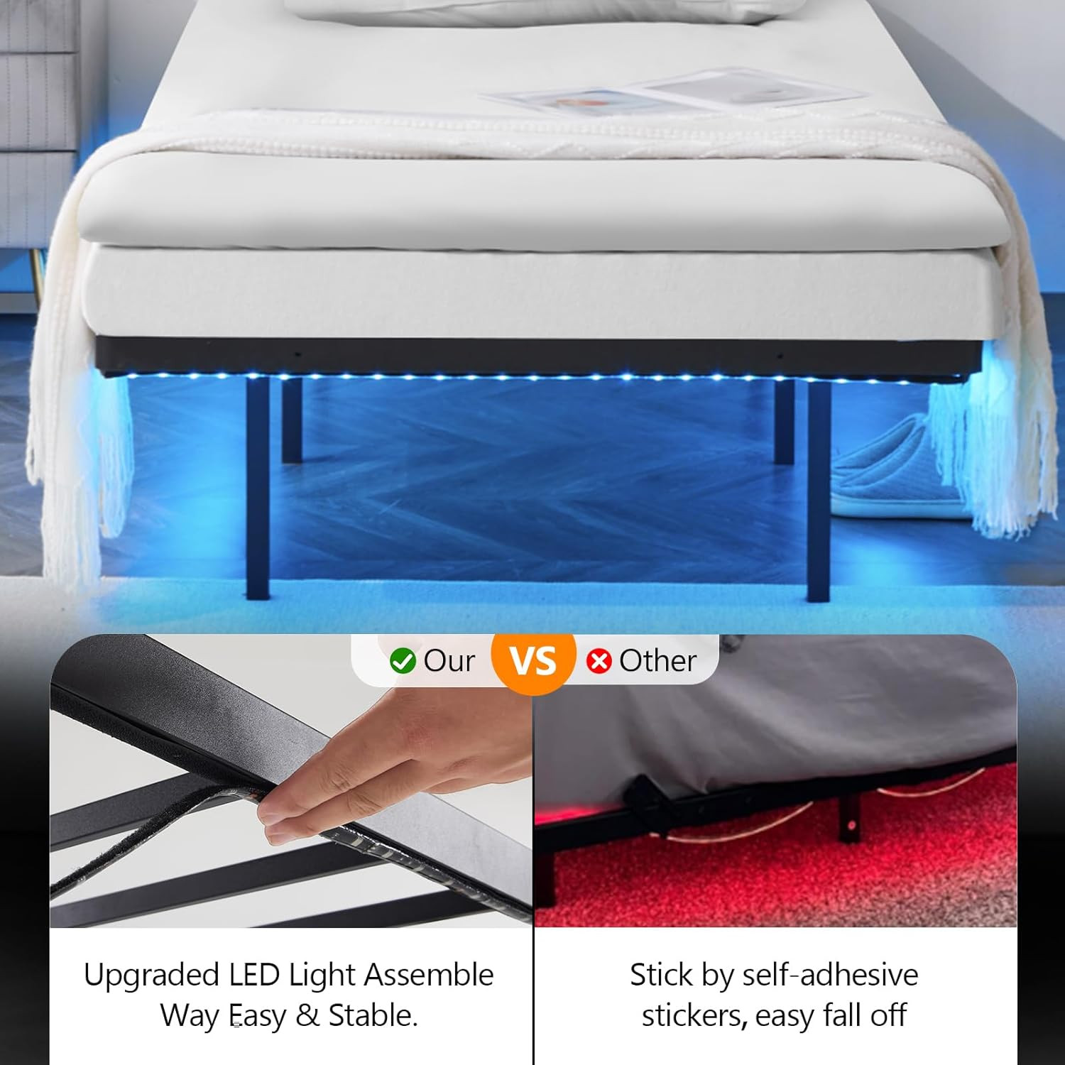Twin Size Heavy Duty Metal Bed with USB Charging Station/LED Lights Floating