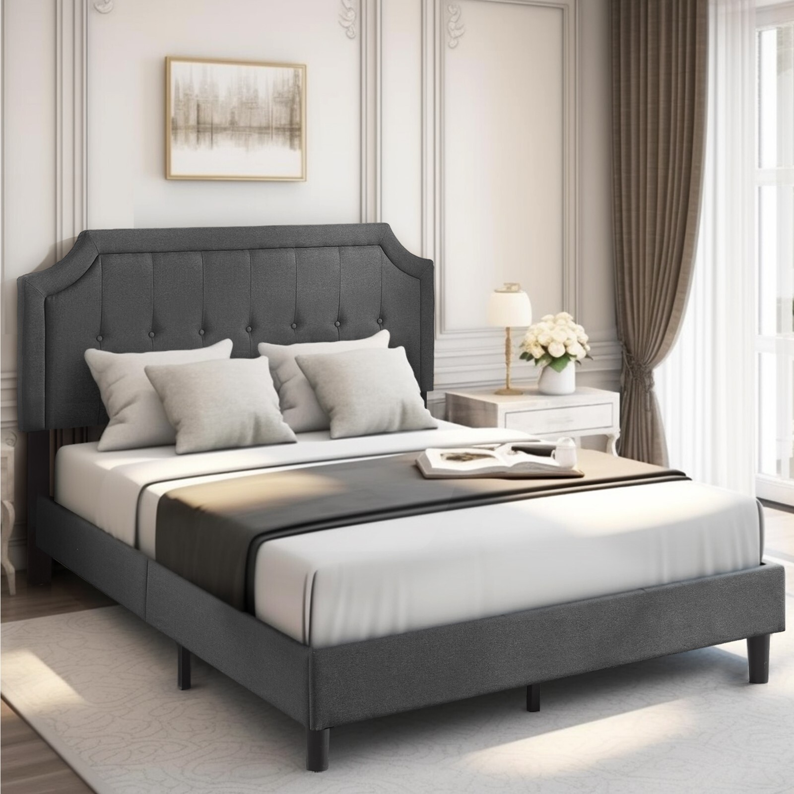 Queen Size Platform Bed Frame Velvet Adjustable Upholstered Headboard Noise Free