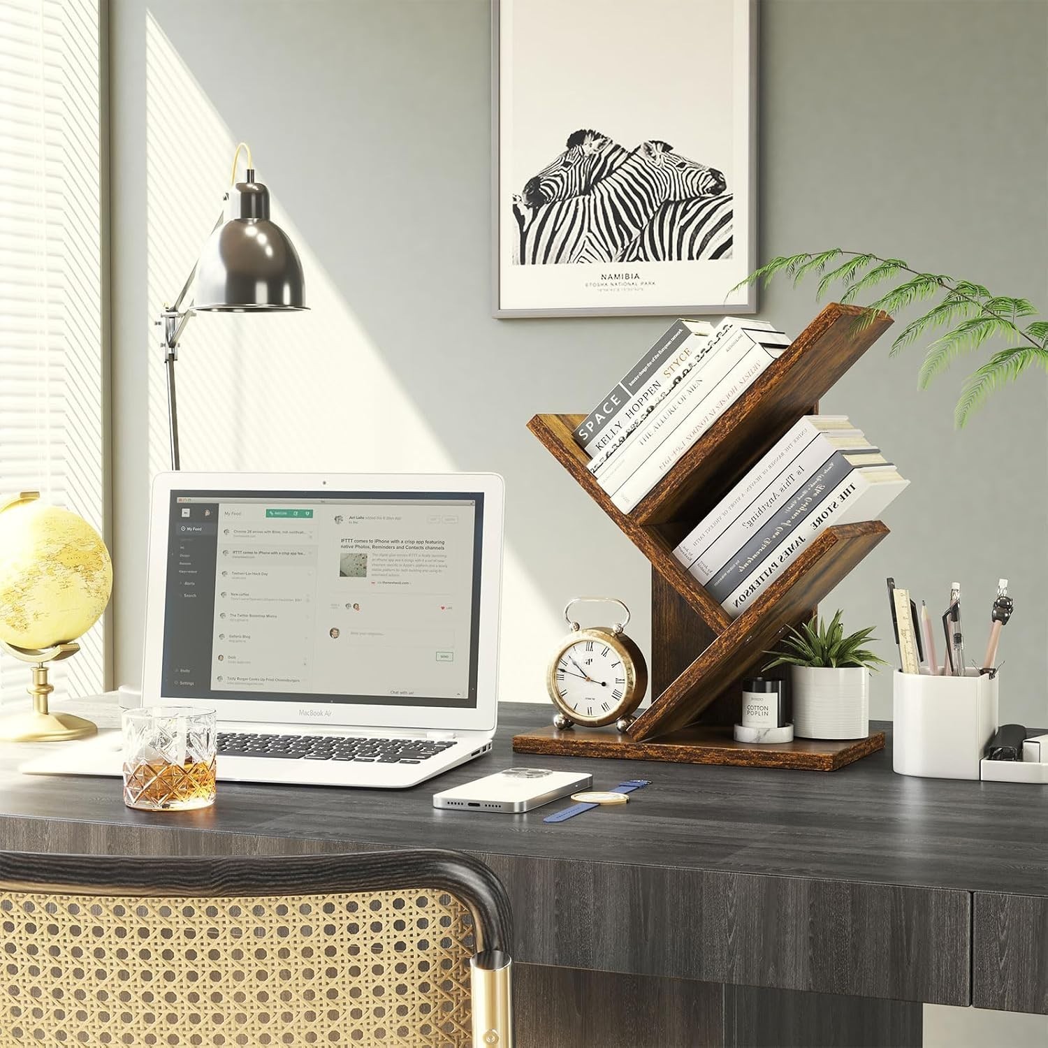 Modern 2-Tier Bookshelf in Rustic Brown – Sturdy Tree Design for Stylish Spaces