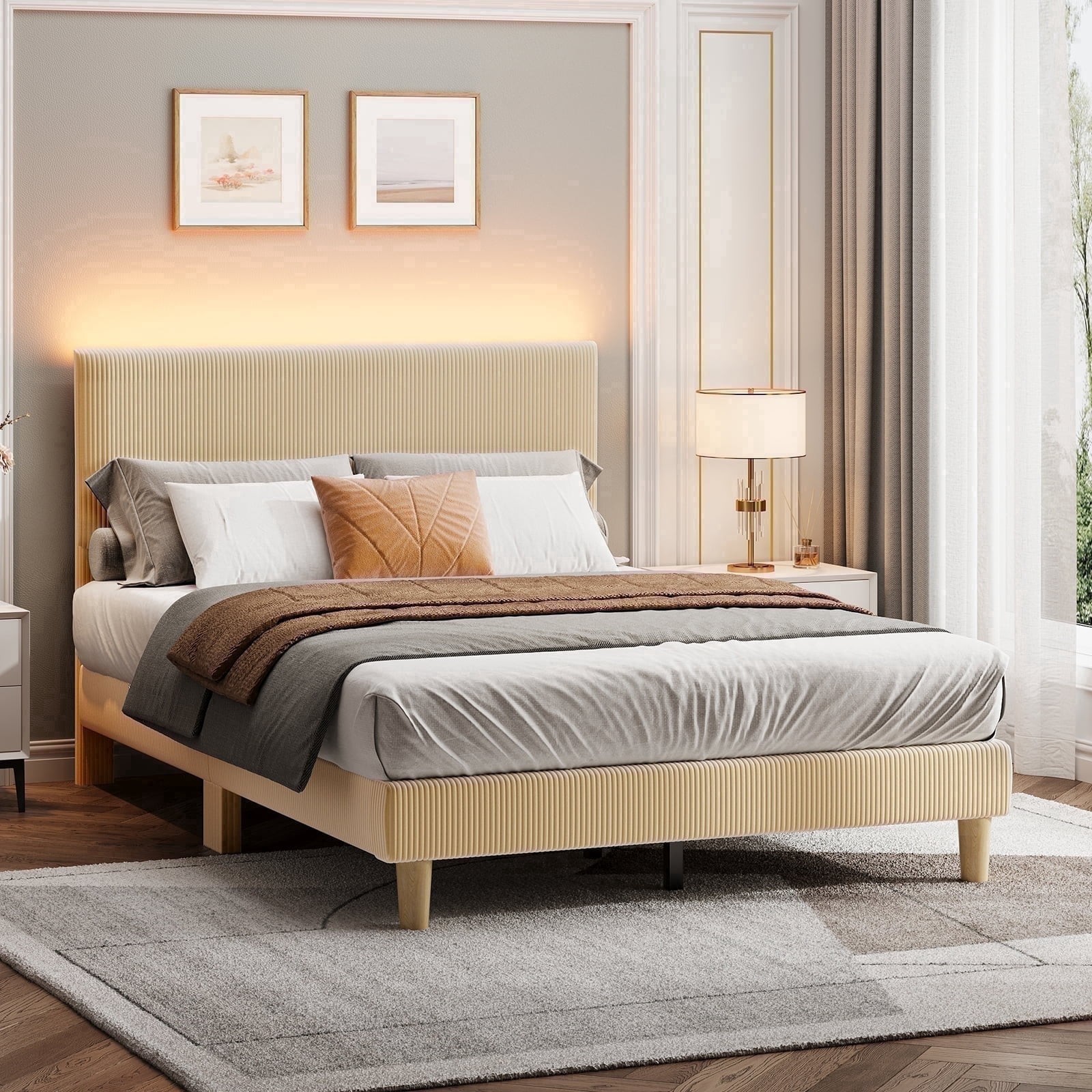 Bestier B7012-37D-TAPE Corduroy Upholstered Full Platform Bed Frame w/Adjustable