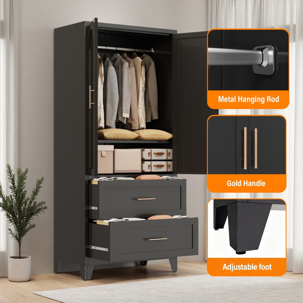 71″ Metal Armoire Wardrobe Cabinet with Hanging Rod, Wardrobe Closet with 2 Door