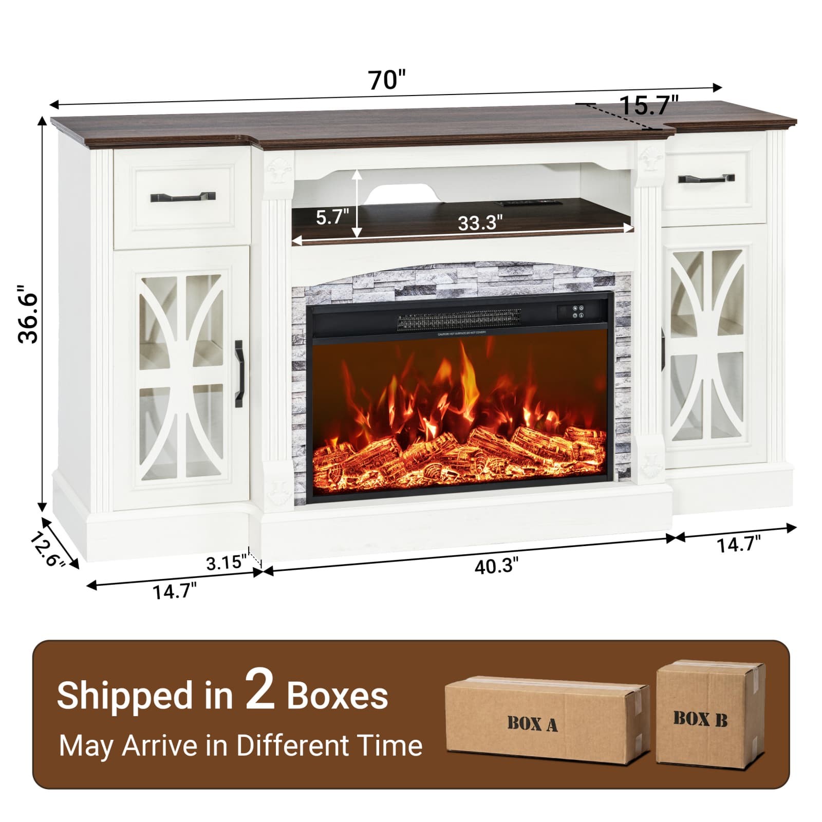 70” White Electric Fireplace TV Stand Glass Door Storage Cabinet for 65–75” TV