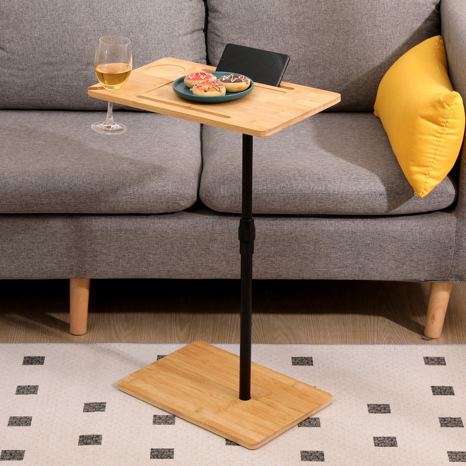 Bamboo Couch Tray Table Height Adjustable End Table with Slots 2 Tier Side Table