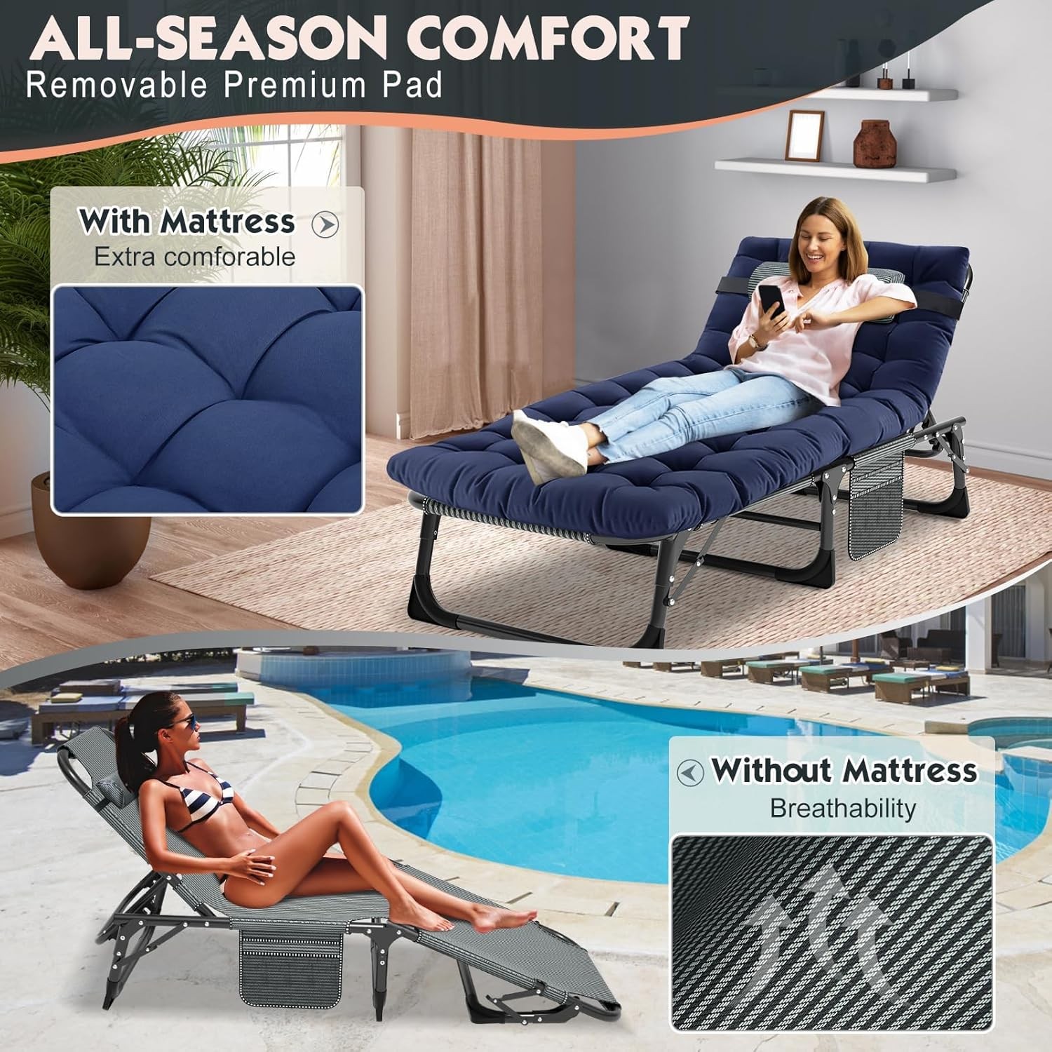 NAIZEA Camping Cot 4 Gears Adjustable Folding Chaise Chair Bed w/Mattress Pillow