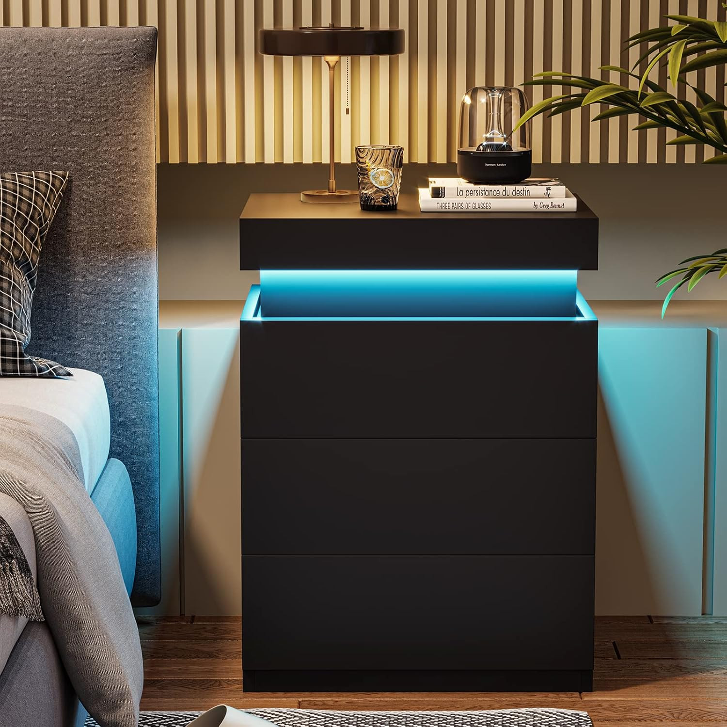 Nightstand with LED & Charging Station – Sliding Top, Drawers, Black