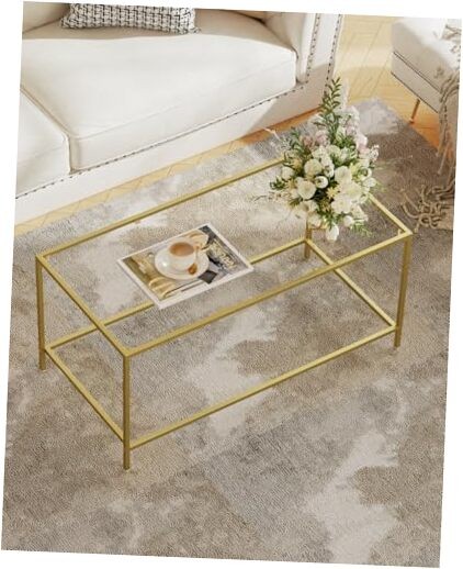 Glass Coffee Table, Modern Rectangular Coffee 39.4 x 19.7 x 17.7 Inches Golden