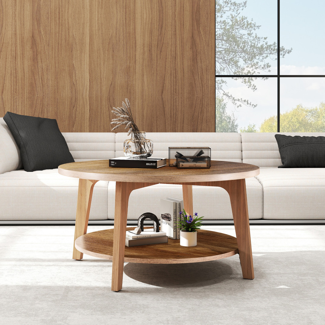 Round Coffee Table, 32 Wood Coffee Tables, 2-Tier Center Circle Counter