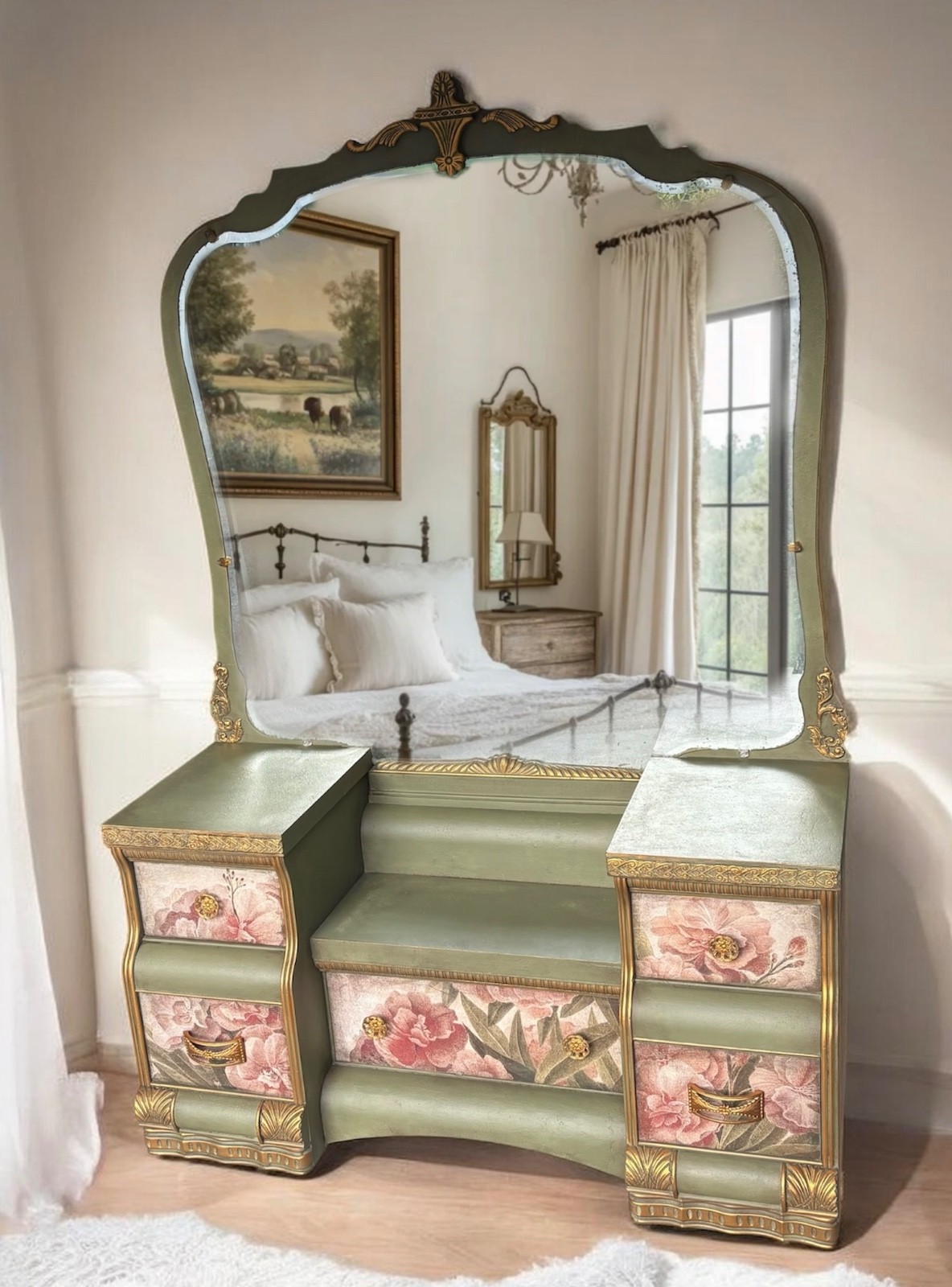 Stunning sage green vanity desk with large mirror