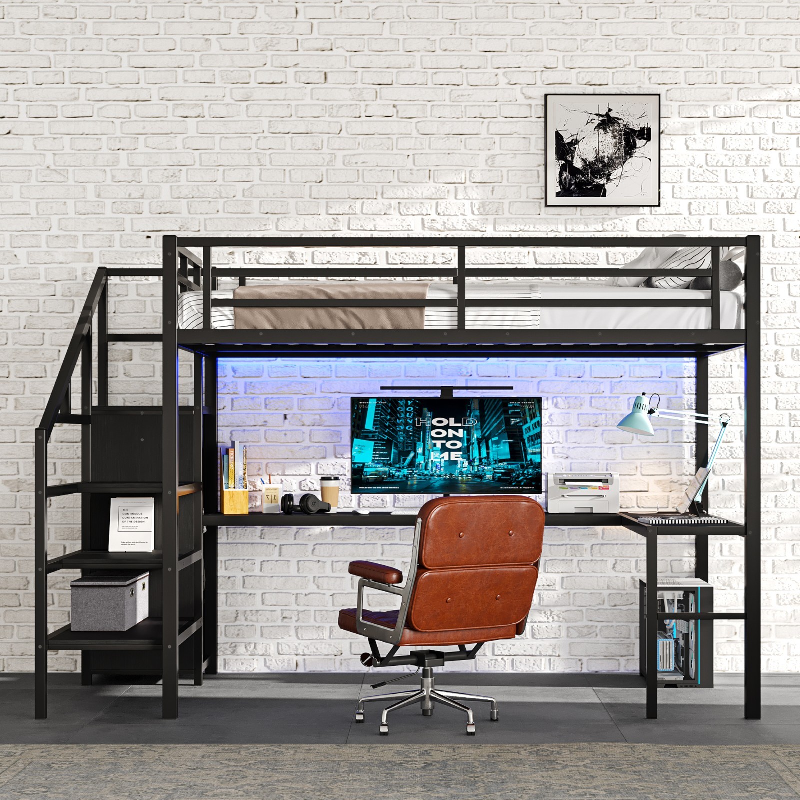 Full Size Metal Loft Bed with L-shaped Desk and USB for Kids Teens Adults Black