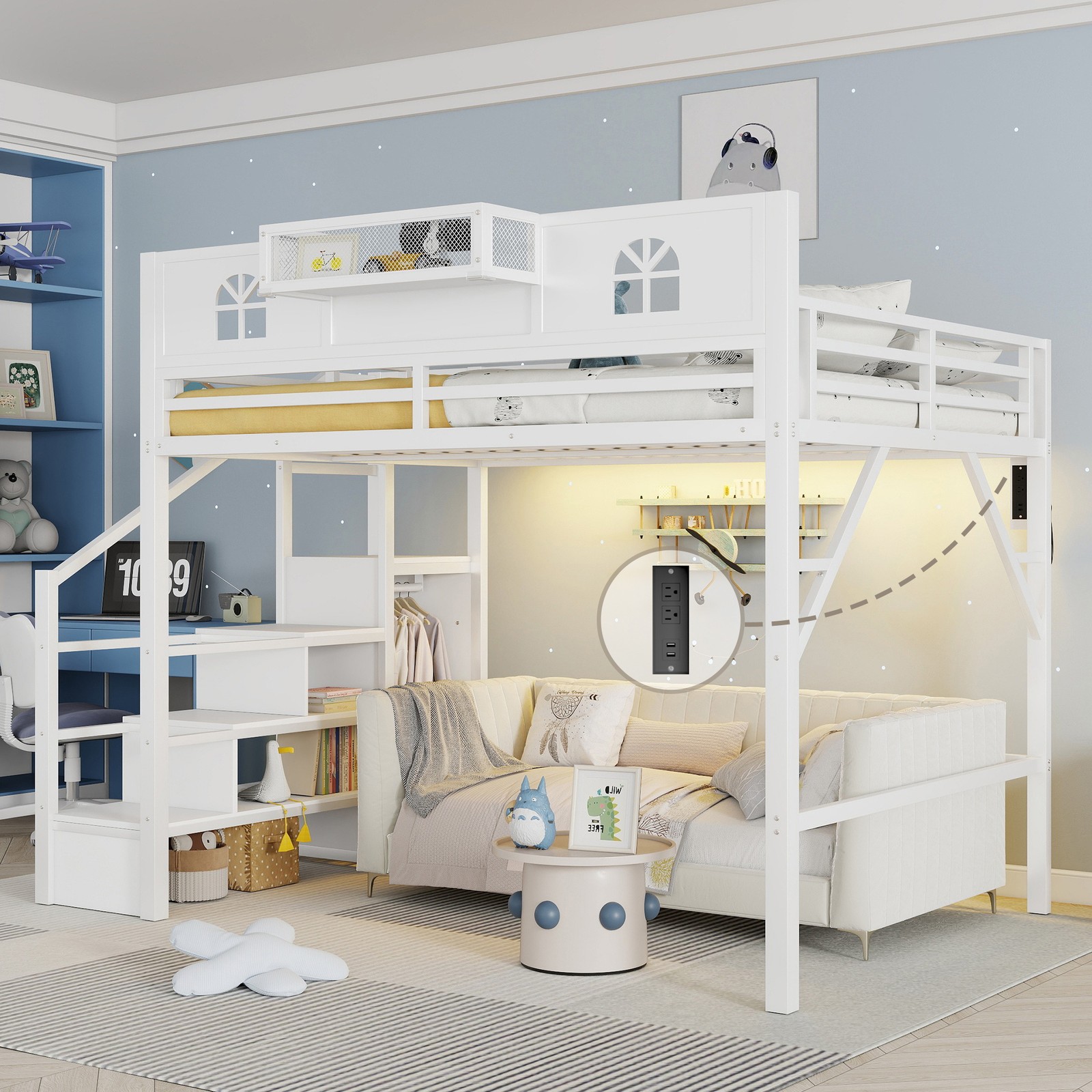 Queen Size High Loft Bed with Stairs House Shaped Guardrails Wardrobe White