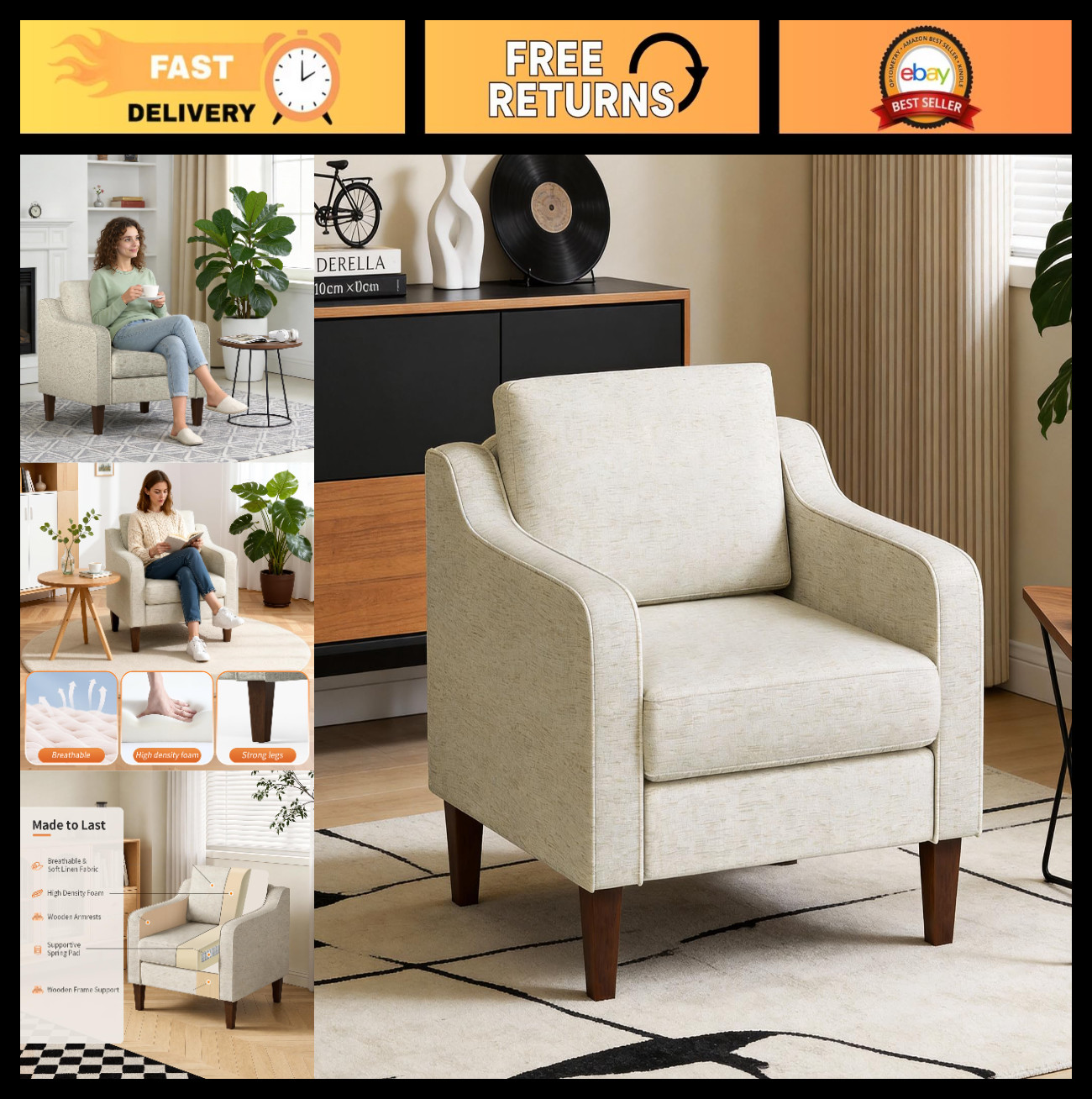 Upholstered Accent Chair – Mid-Century Modern Design, High Density Foam, Beige F
