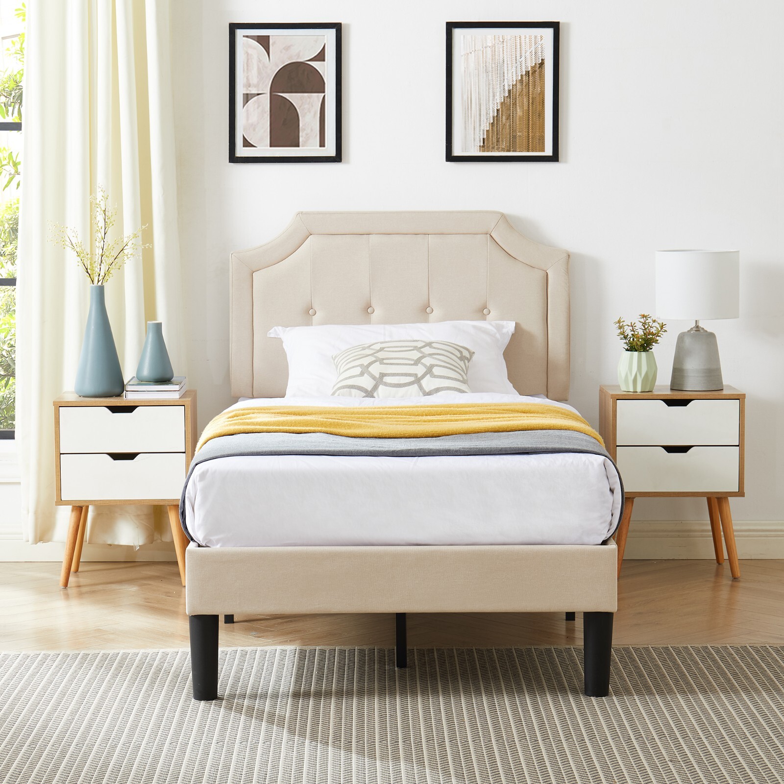 VECELO Upholstered Metal Set of 2 Bed Frame w/ Adjustable Headboard Twin Size