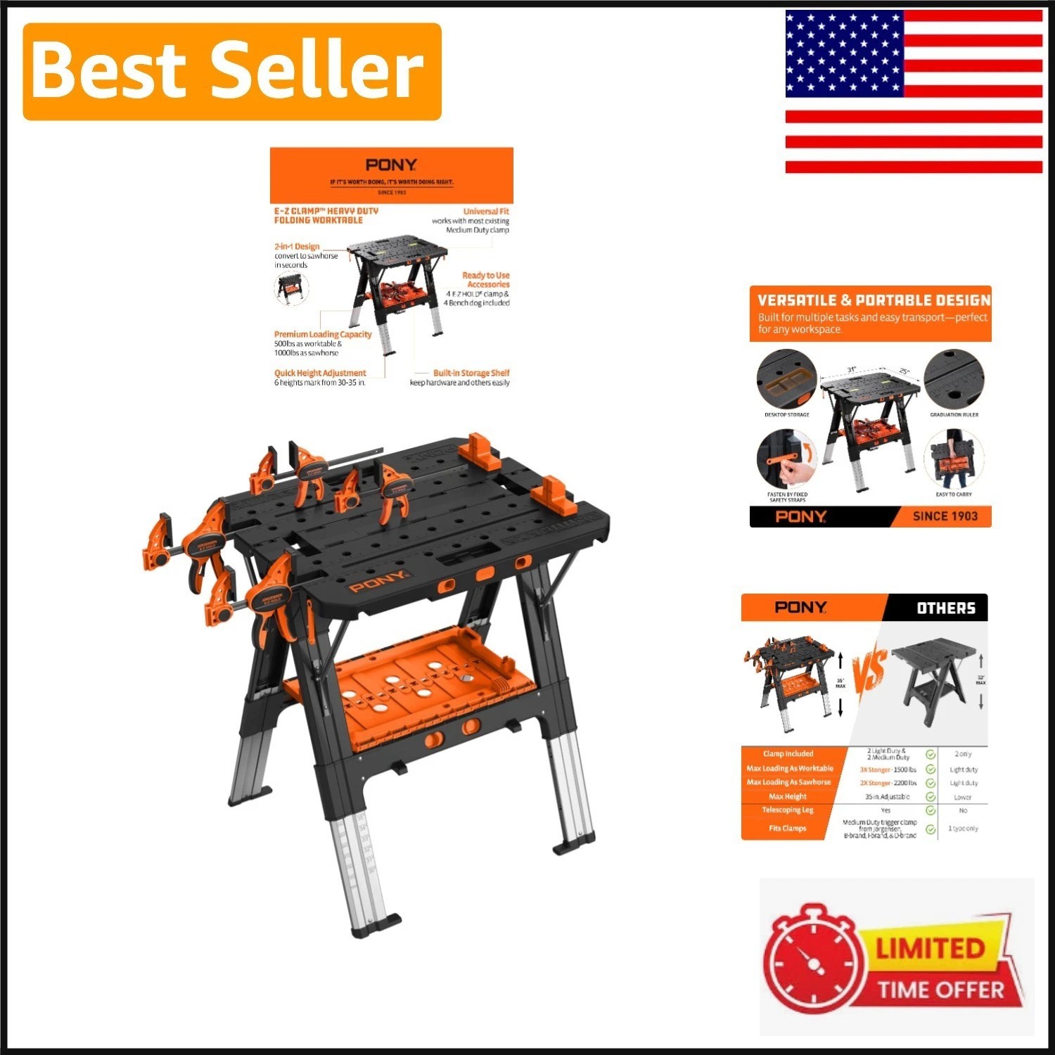 31” Folding Workbench with Clamps – 2-in-1 Adjustable Sawhorse for All Projects
