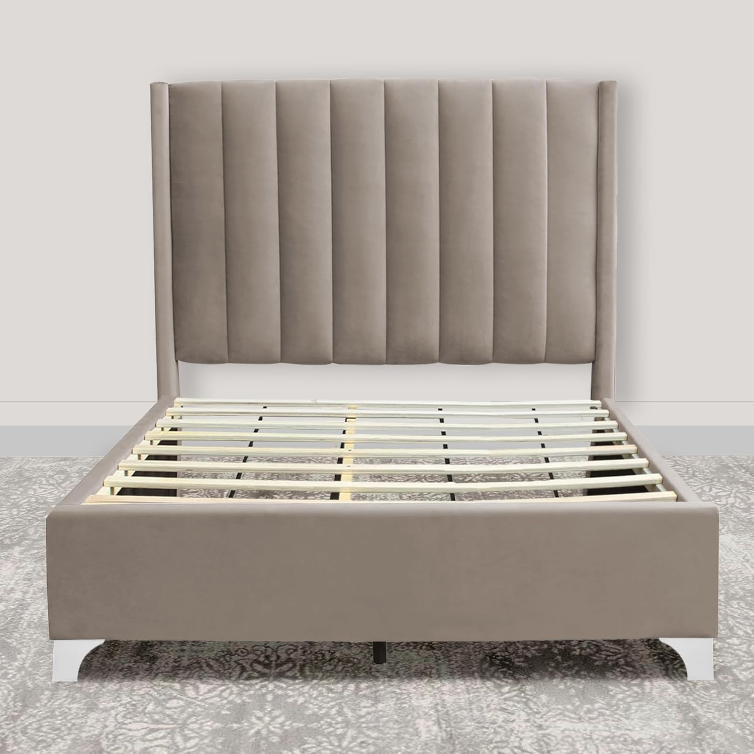 Queen Suede Bed Frame with Decorative Headboard & 3 Color Legs