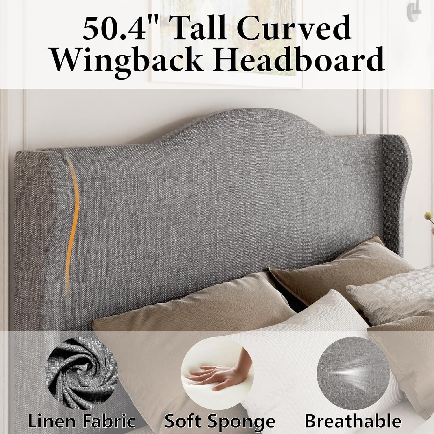 Queen Size Bed Frame with 50.4″ Tall Wingback Headboard, Upholstered Platform…